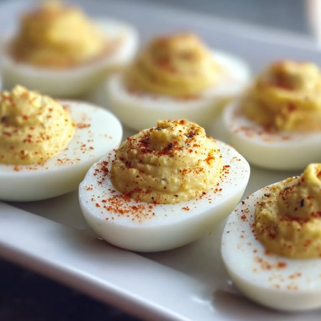 Plate of creamy deviled eggs garnished with paprika and herbs