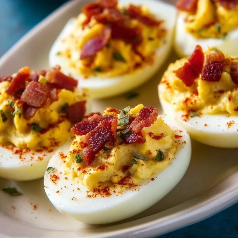 Deviled eggs topped with crispy bacon and garnished with herbs