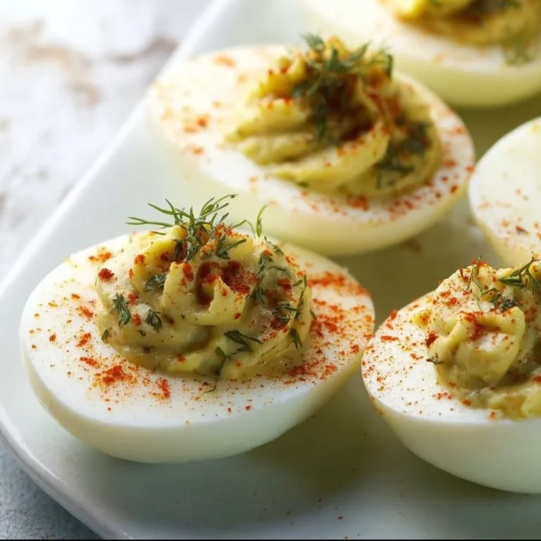 Delicious deviled eggs topped with dill relish on a serving platter.
