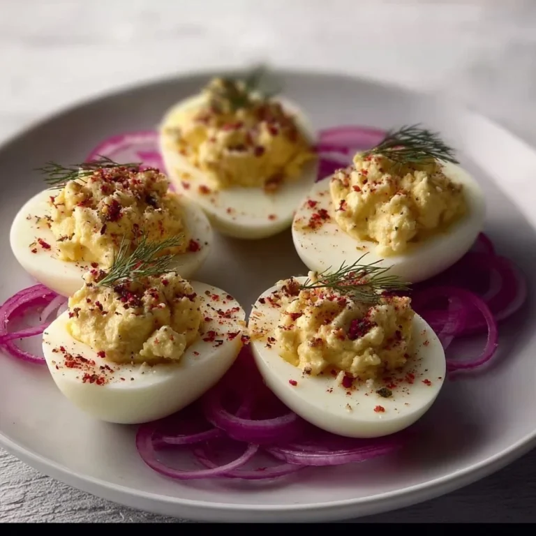 Deviled eggs topped with goat cheese, a delicious appetizer recipe.
