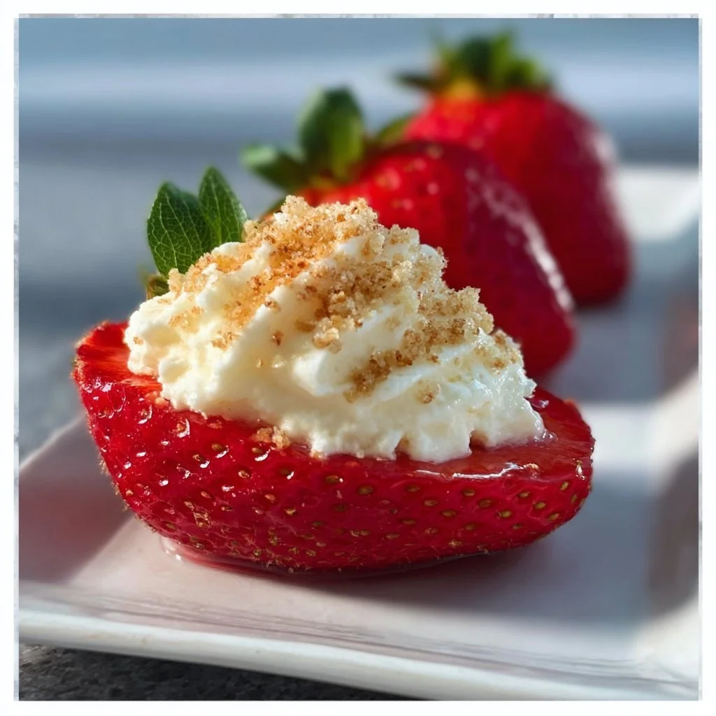 Deviled strawberries filled with cheesecake filling, a unique dessert treat.