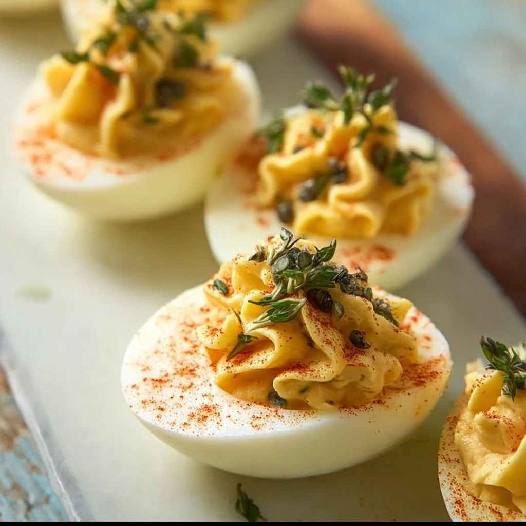 Delicious Dijon Deviled Eggs garnished with paprika and fresh herbs