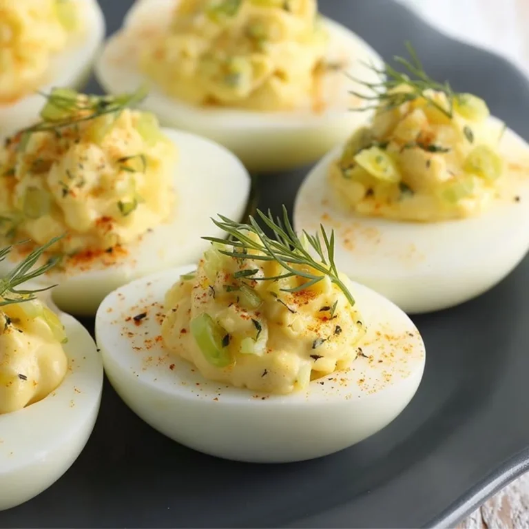 Delicious dill pickled deviled eggs garnished with dill sprigs on a plate
