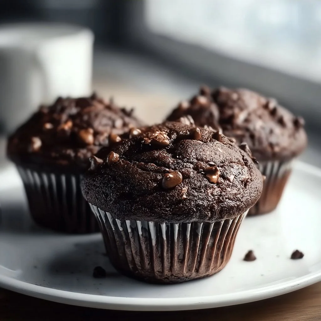 Double chocolate espresso muffins topped with chocolate chips