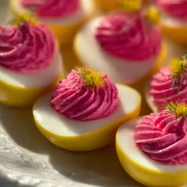 Easter deviled eggs with a natural pink color twist on a serving platter.
