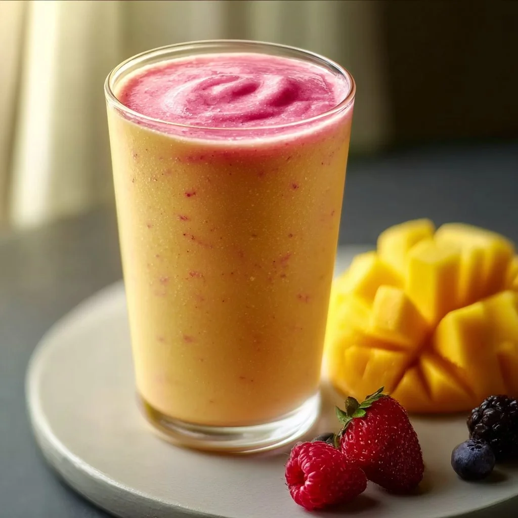 Easy 2-ingredient frozen fruit smoothie in a glass with a straw