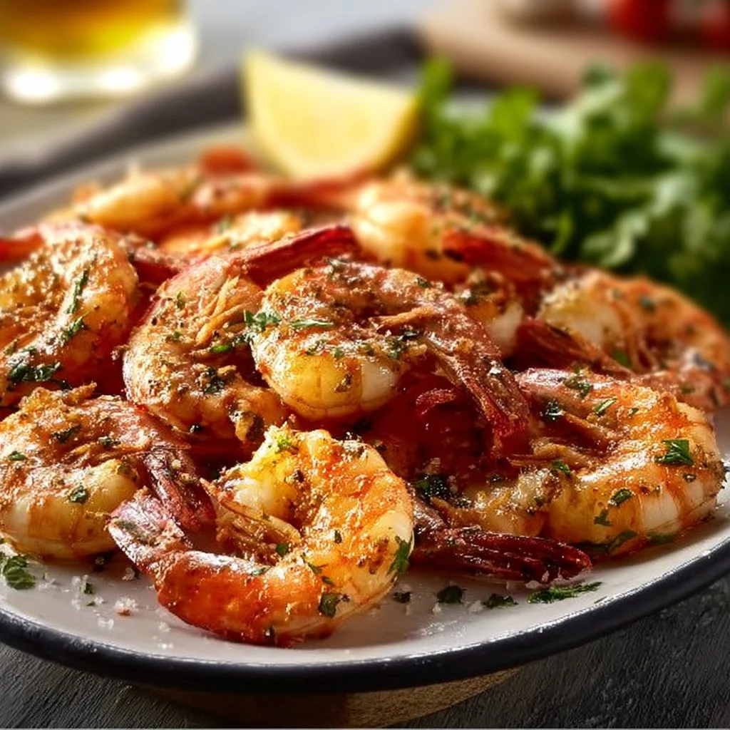 Delicious easy baked butterfly shrimp served on a plate with garnish.