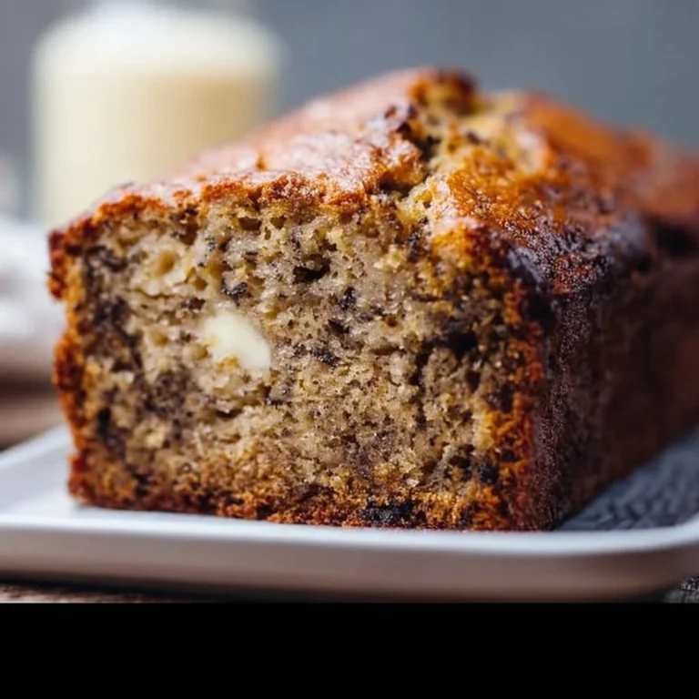 Loaf of moist banana bread made with sour cream, golden brown and deliciously tempting.