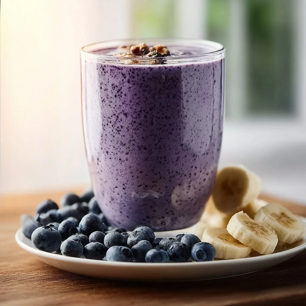 Easy blueberry banana smoothie in a glass with fresh fruits