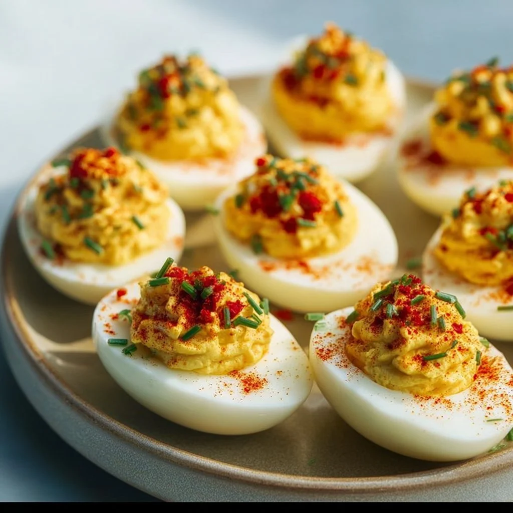 Plate of easy classic Southern deviled eggs with relish