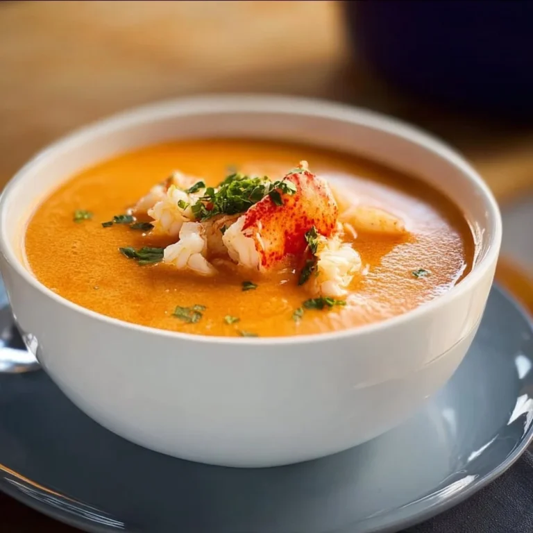 A bowl of creamy lobster bisque soup garnished with fresh herbs and served with a slice of bread