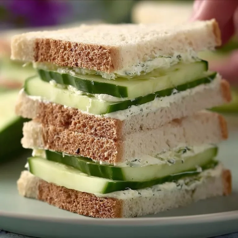 Plate of easy cucumber sandwiches garnished with herbs.