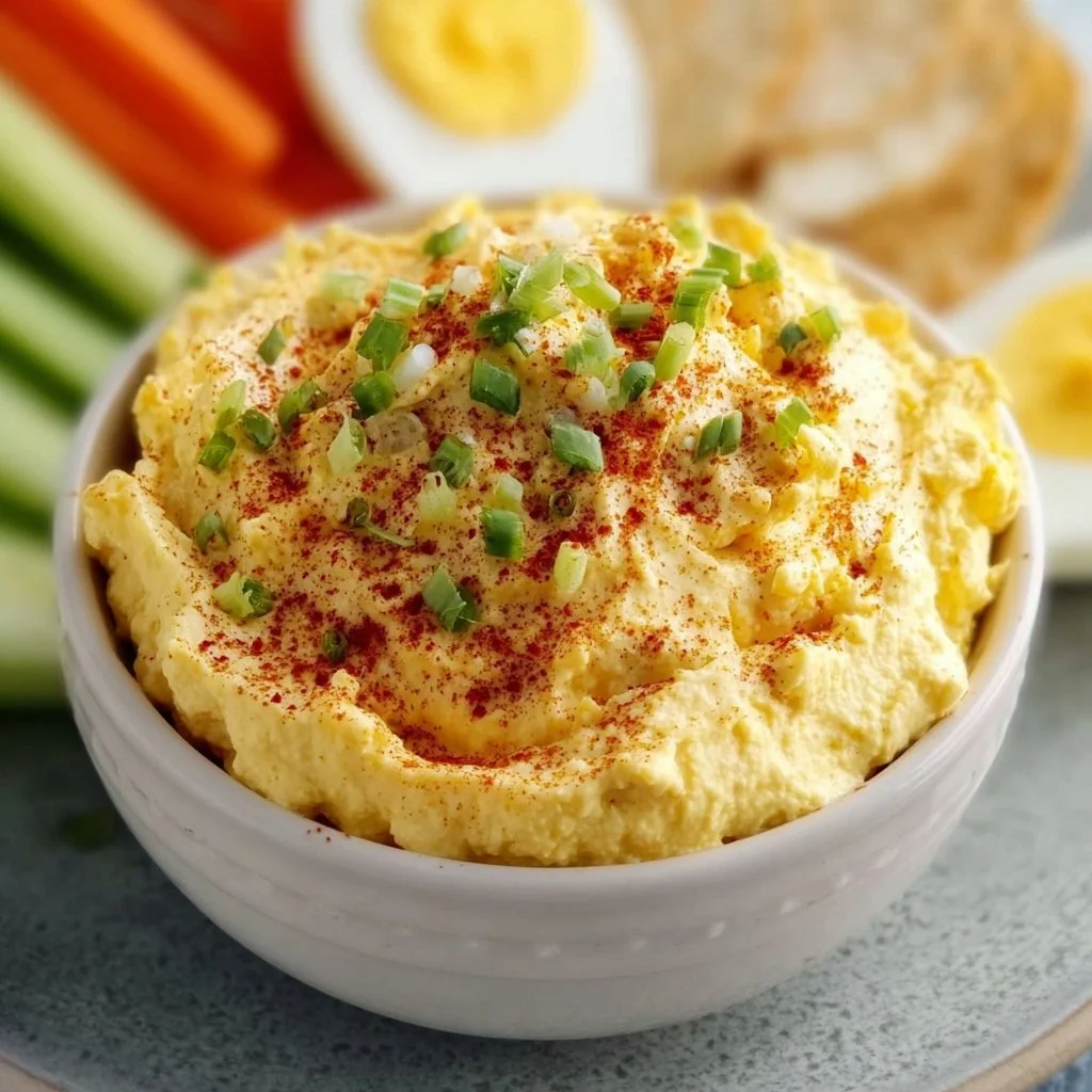 Bowl of easy deviled egg dip garnished with herbs on a table