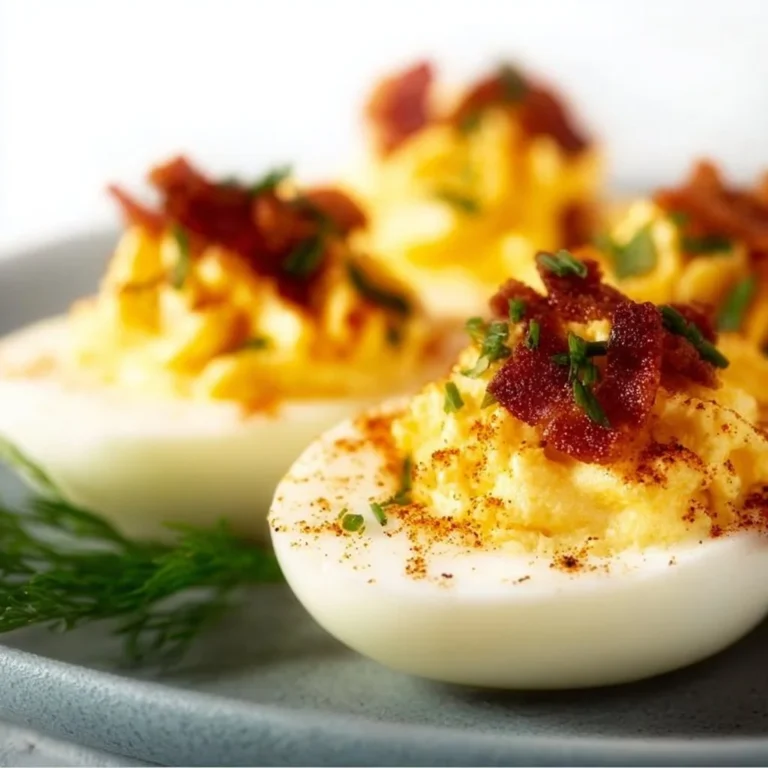 Easy keto deviled eggs with crispy bacon topping