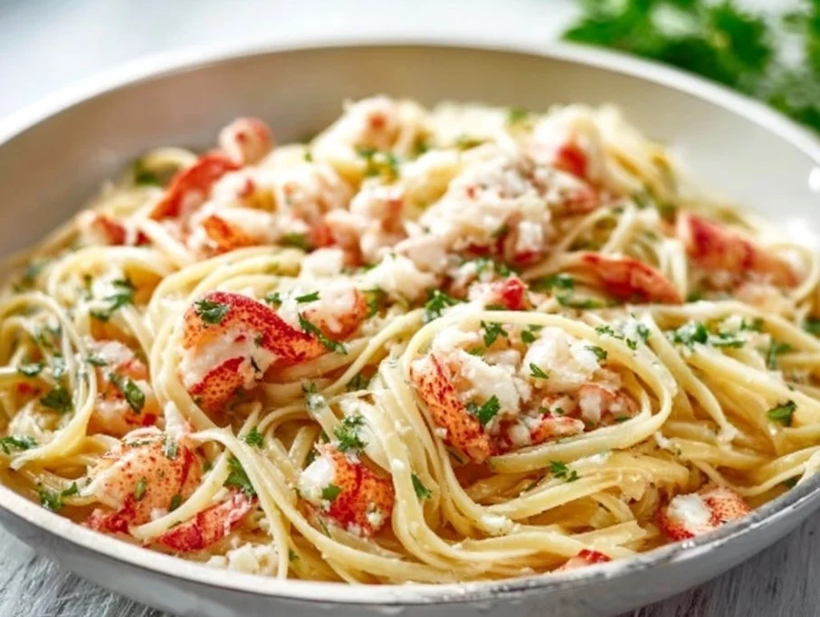 Plate of easy lobster scampi with linguine garnished with herbs