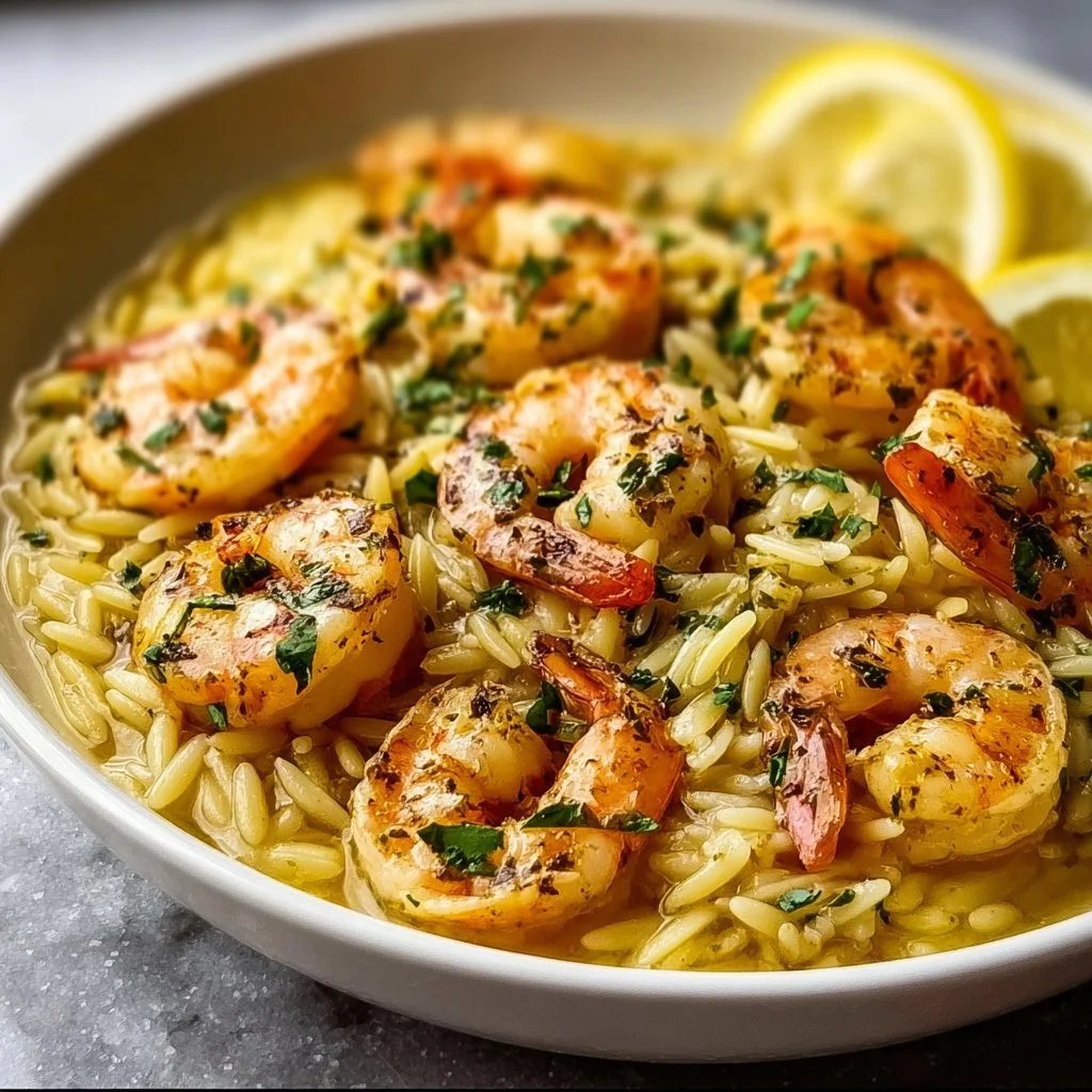Easy shrimp orzo dish served in lemon garlic sauce for a flavorful meal