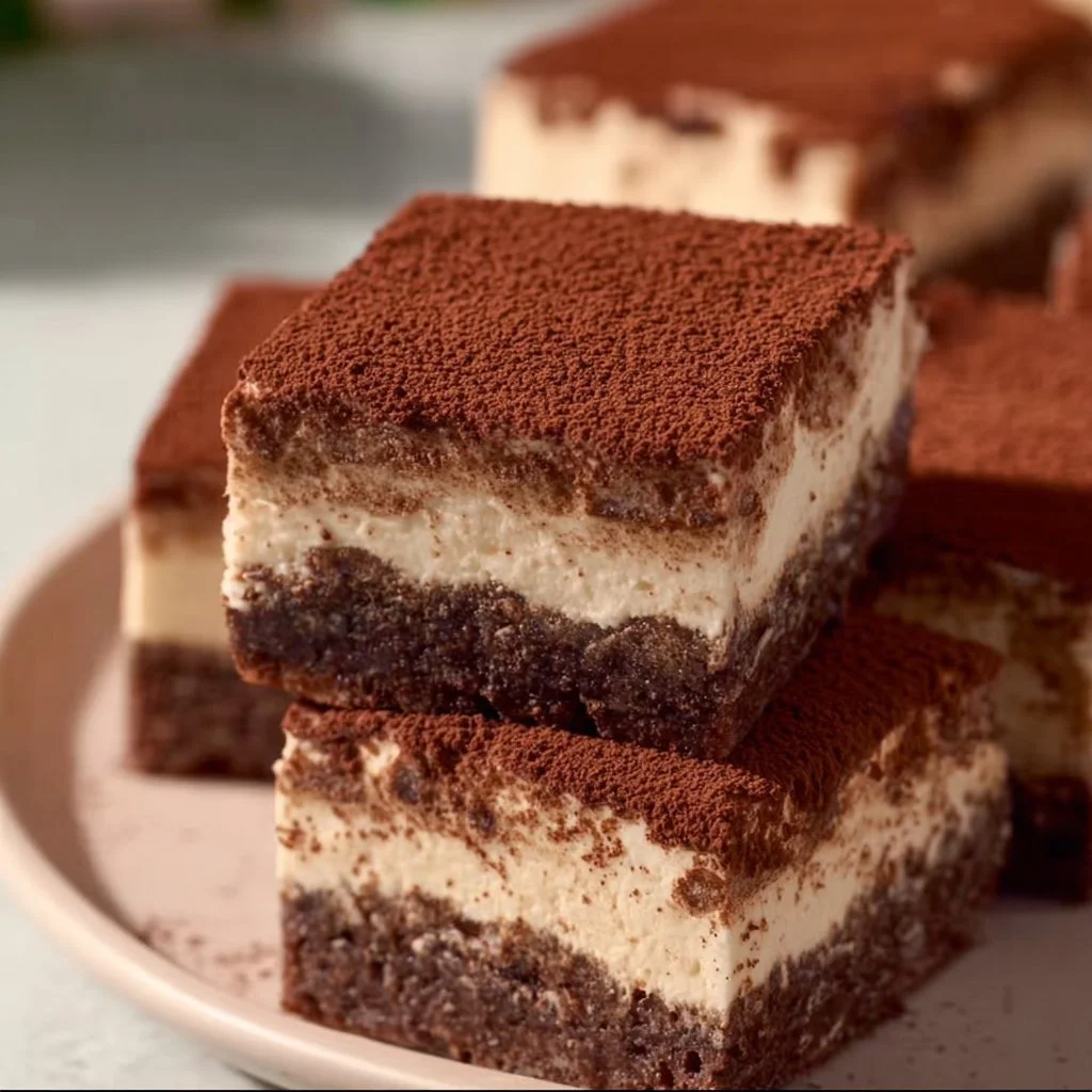 Delicious easy tiramisu brownies topped with cocoa and coffee flavor.