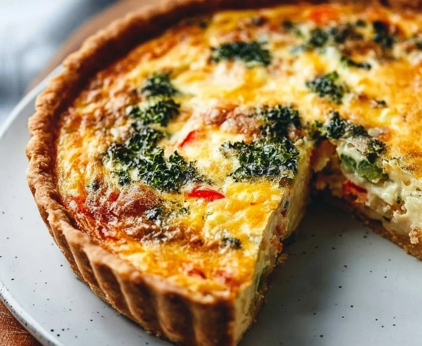 Delicious easy vegetable quiche with colorful fresh vegetables on a table.