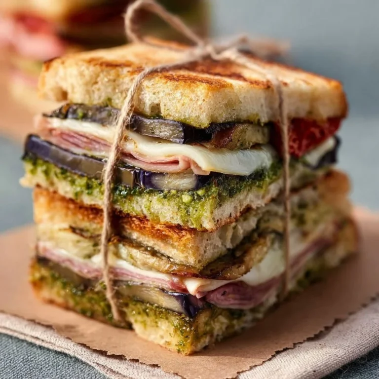Pressed picnic sandwiches with eggplant, prosciutto, and pesto ready for a picnic