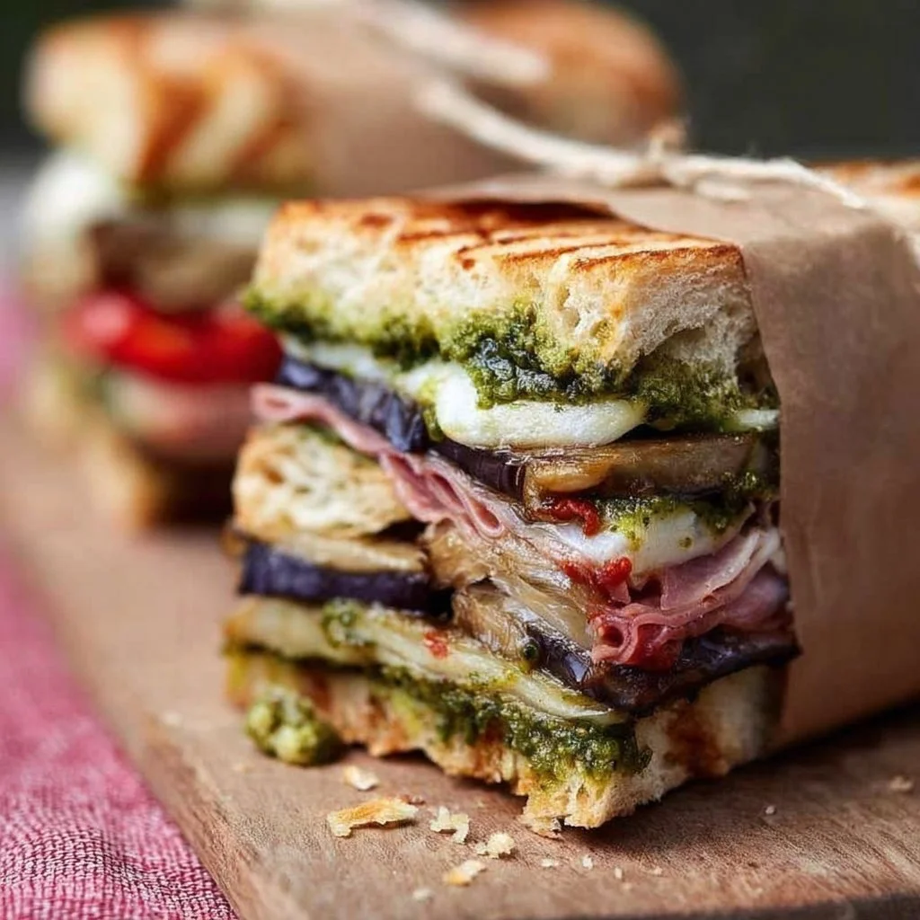 Eggplant, Prosciutto, & Pesto Pressed Picnic Sandwiches