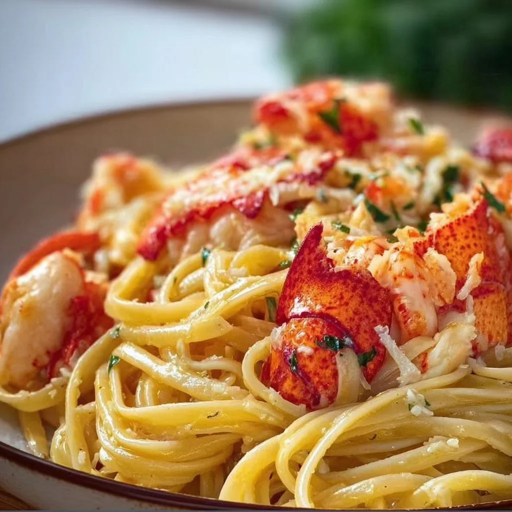 Plate of elegant lobster pasta with creamy sauce and herbs