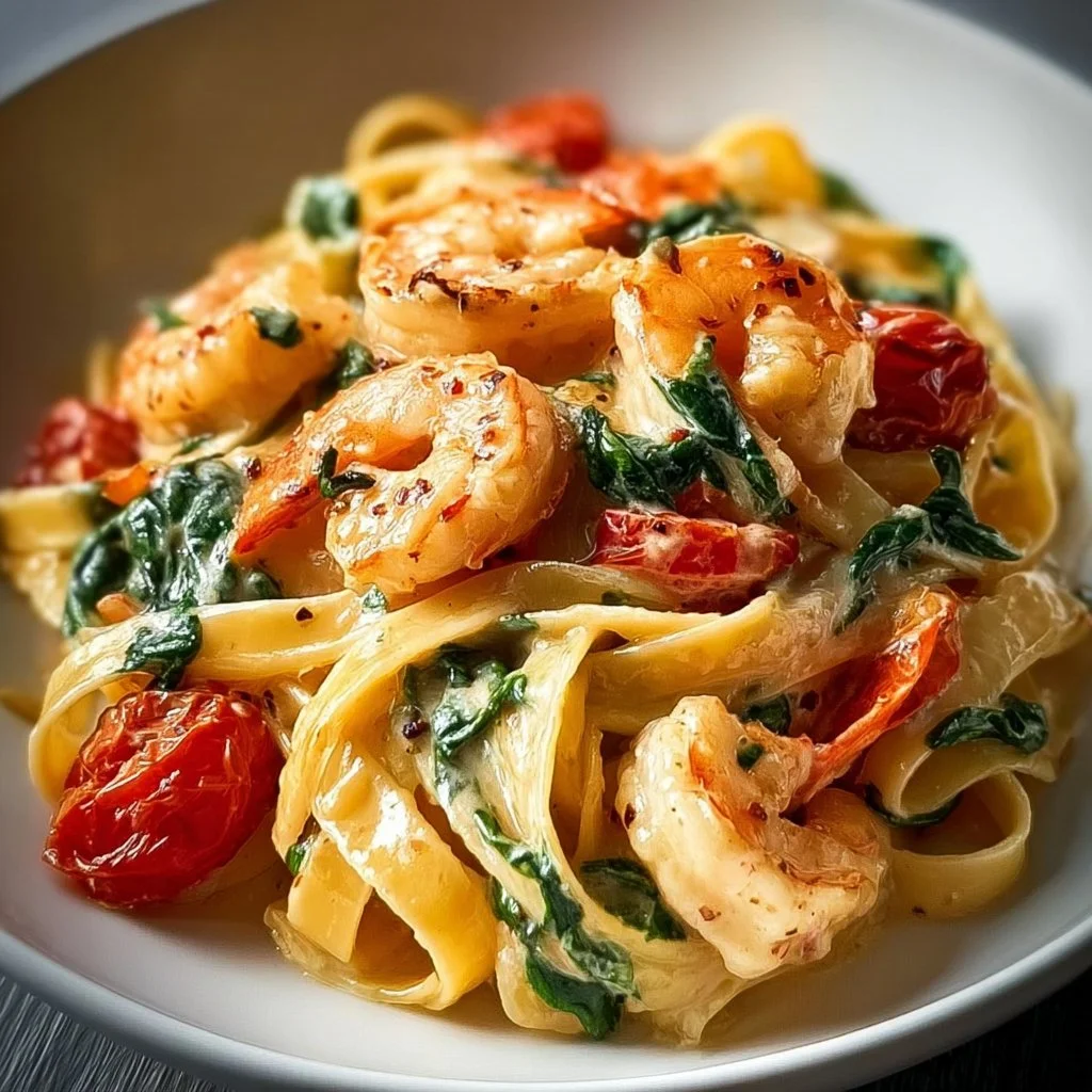 Creamy fettuccine with shrimp, tomatoes, and spinach in a sauce
