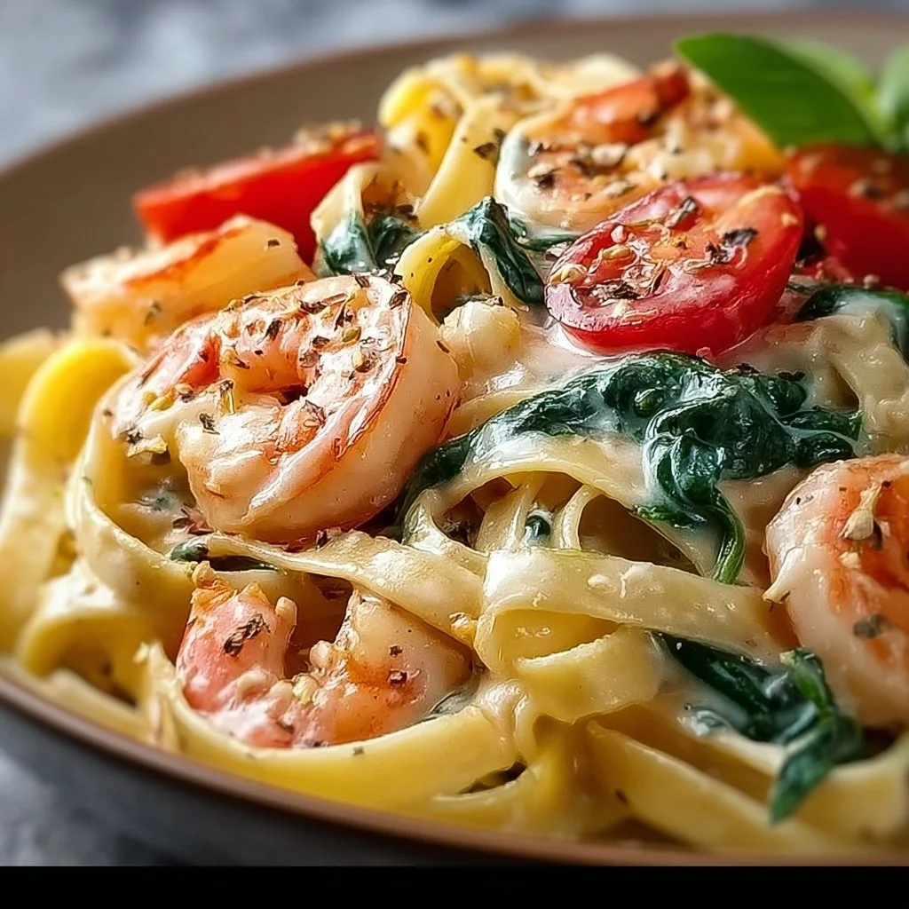 Fettuccine with Shrimp, Tomatoes, and Spinach Cream Sauce