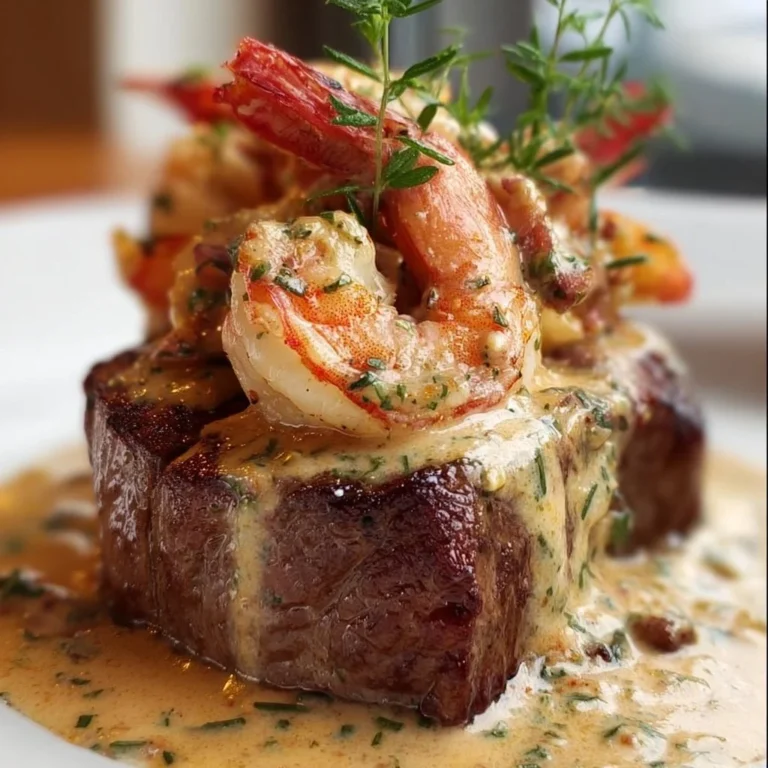 Filet Mignon topped with shrimp and lobster cream sauce served on a plate