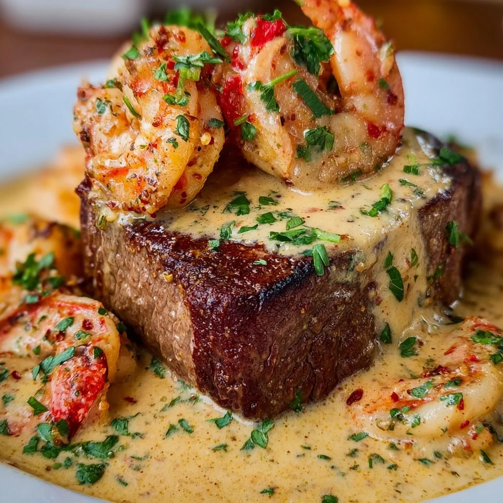 Filet Mignon with Shrimp and Lobster Cream Sauce