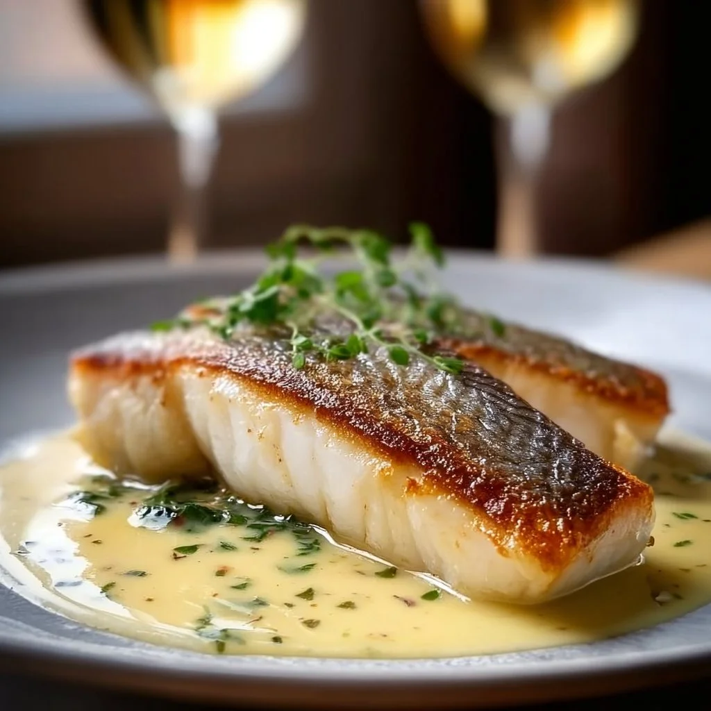 Delicious fish served with a non-alcoholic white wine sauce for flavorful dining.