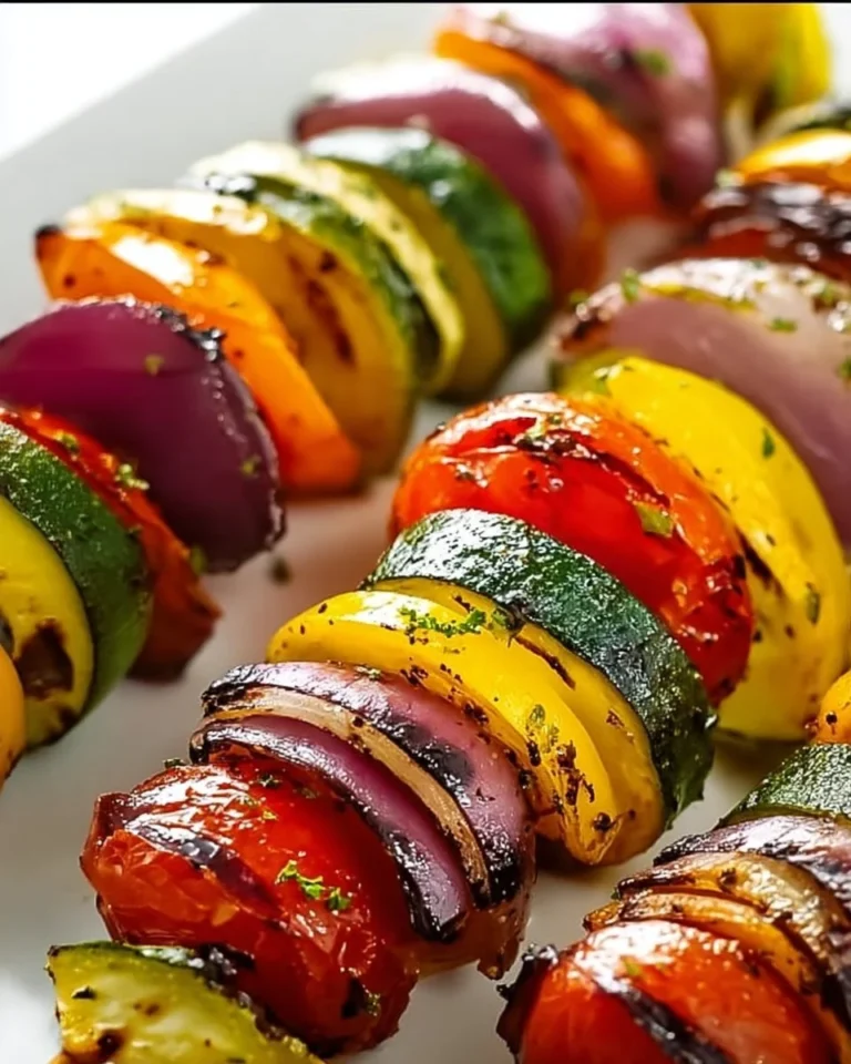 Colorful assortment of flavorful grilled veggie skewers on a BBQ grill.