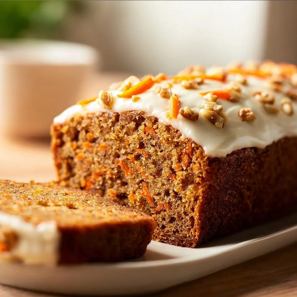 Fluffy carrot cake banana bread sliced on a wooden board