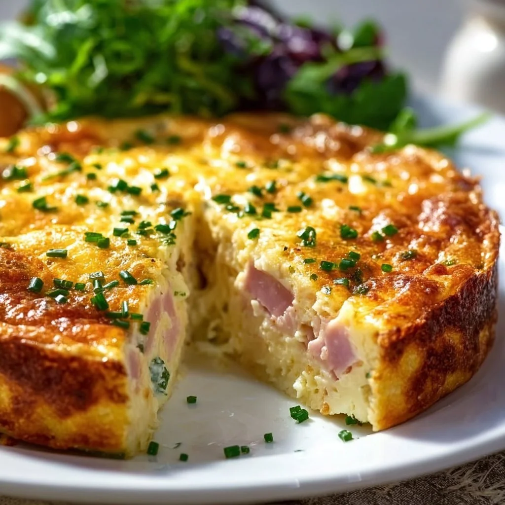 Fluffy crustless quiche with ham served on a plate