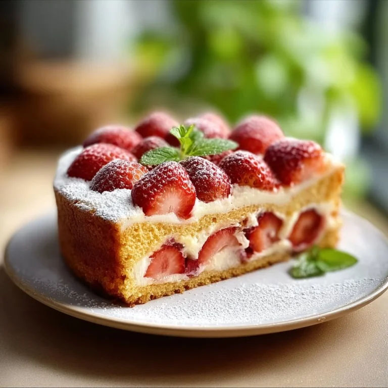 Delicious French Strawberry Cake topped with fresh strawberries and cream