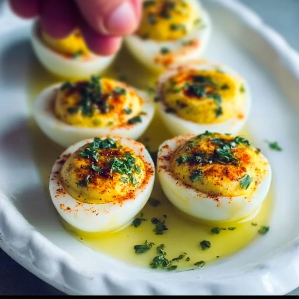 French style deviled eggs served on a platter
