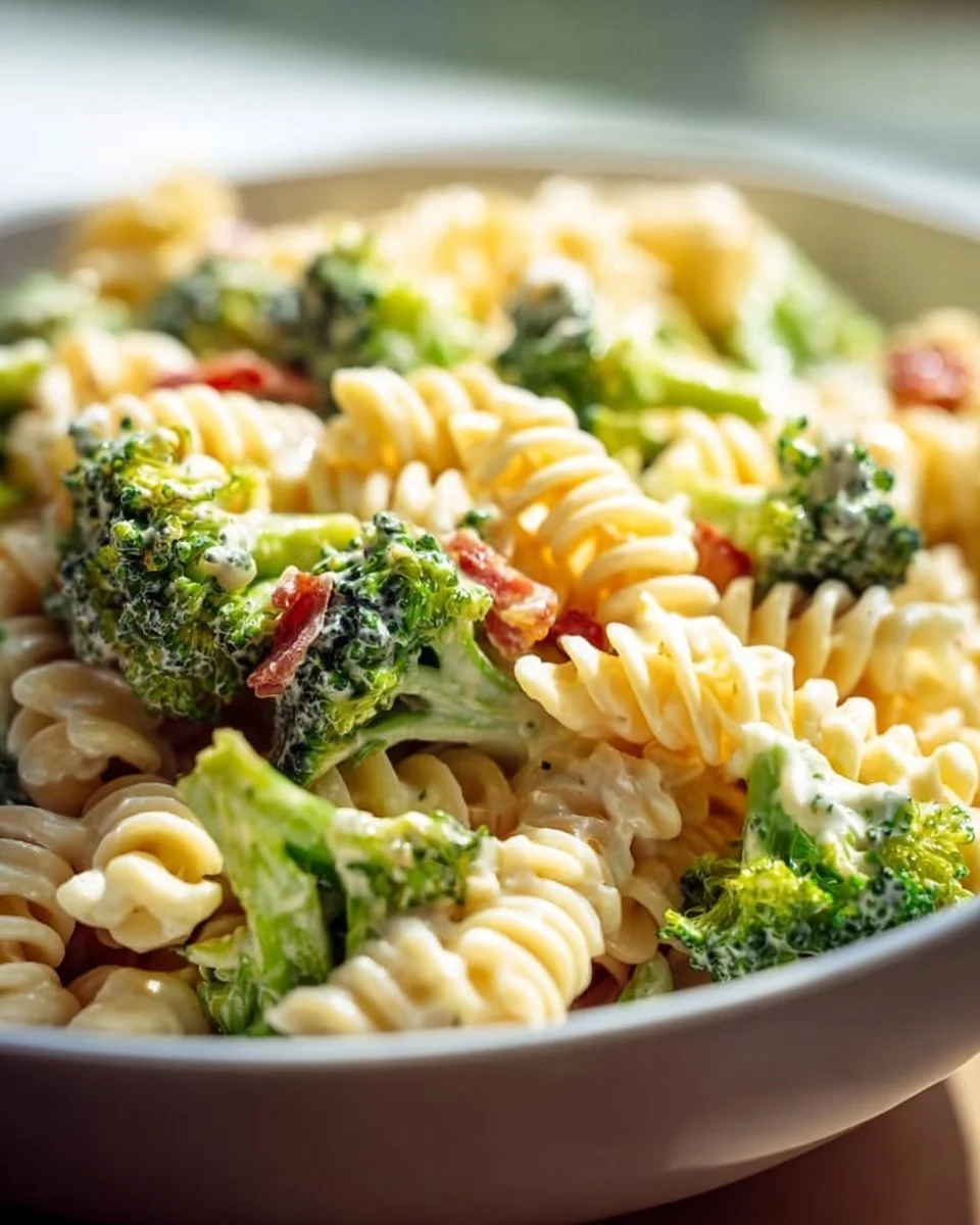 Fresh broccoli pasta salad with colorful vegetables and dressing
