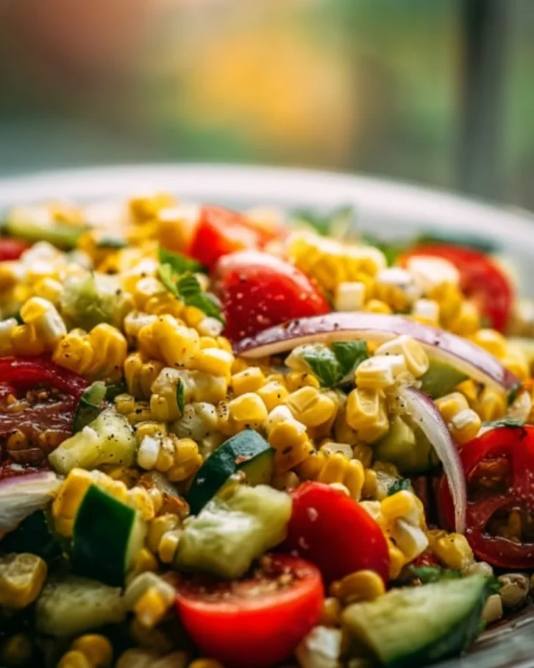 Bowl of fresh corn salad with colorful vegetables and herbs
