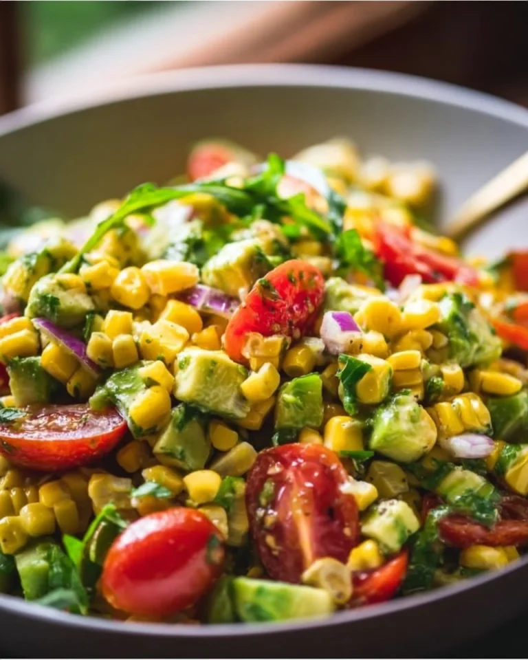 Fresh corn salad with colorful vegetables and dressing