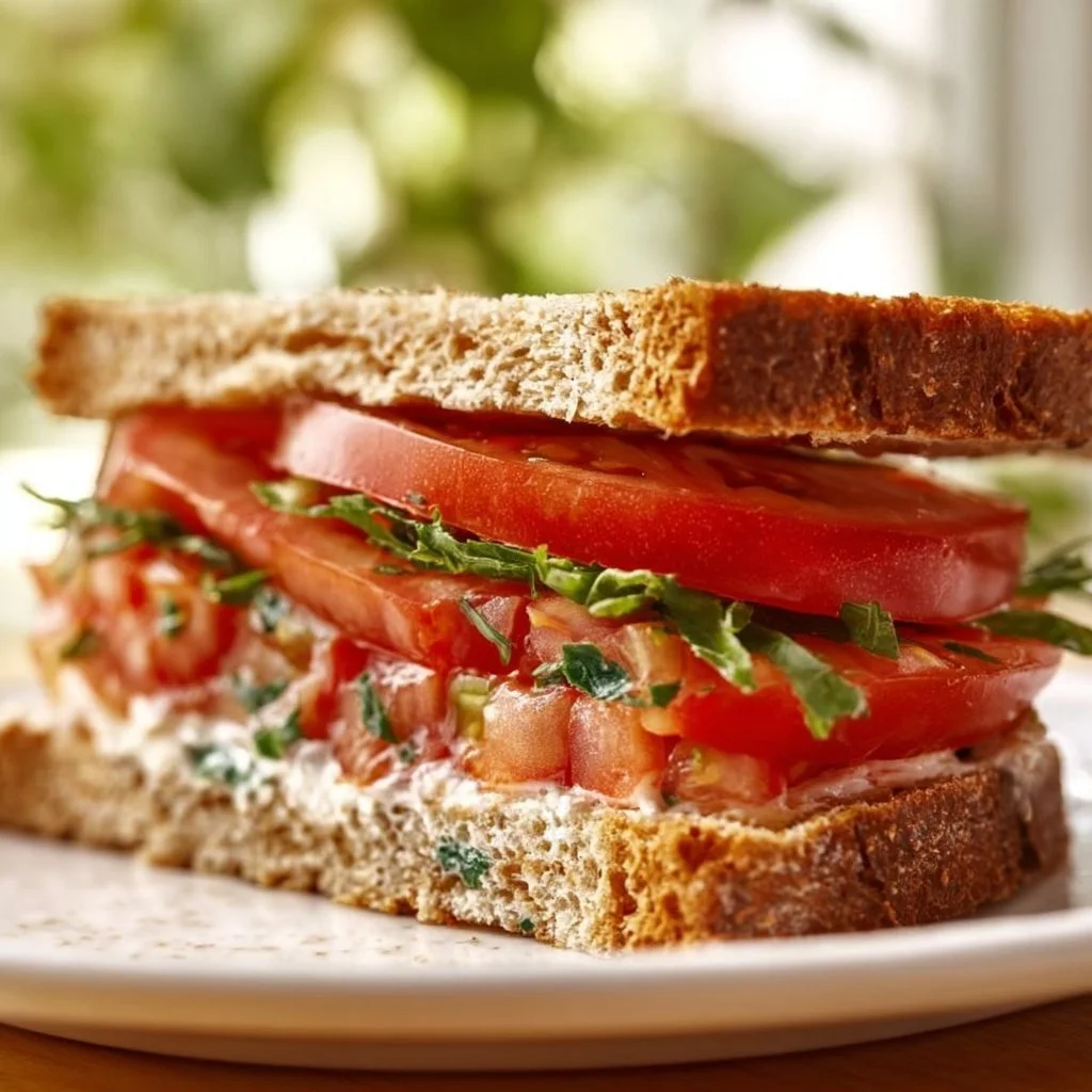 Delicious fresh tomato sandwich made with ripe tomatoes and fresh bread