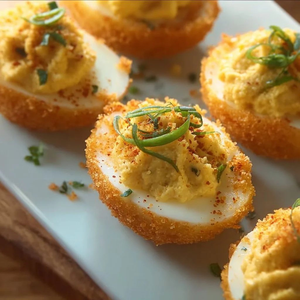 Crispy Fried Deviled Eggs served on a plate