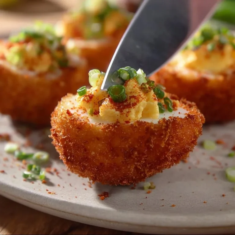 Plate of crispy Fried Deviled Eggs garnished with herbs