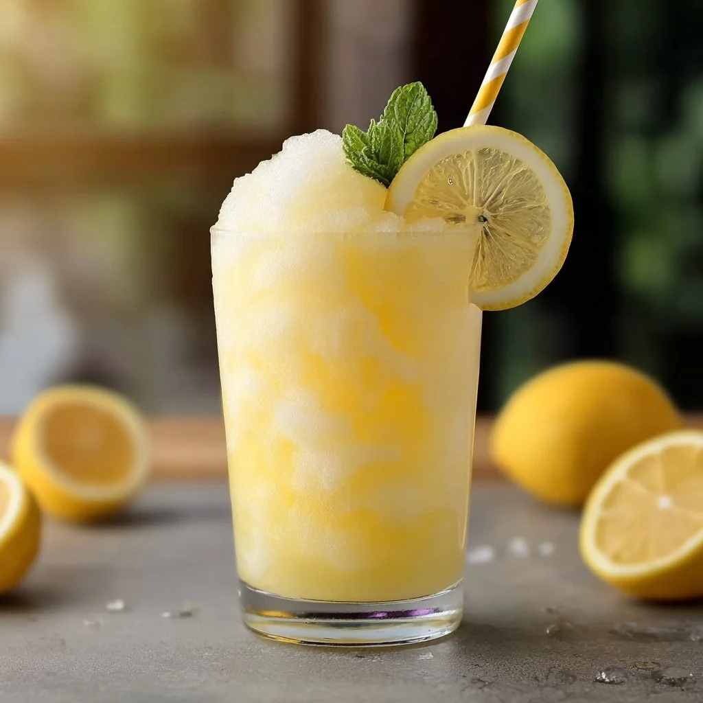 Frosted lemonade slush in a glass surrounded by ice and lemon slices