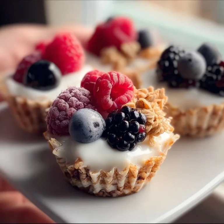 Frozen yogurt granola cups topped with fresh berries and served in bowls