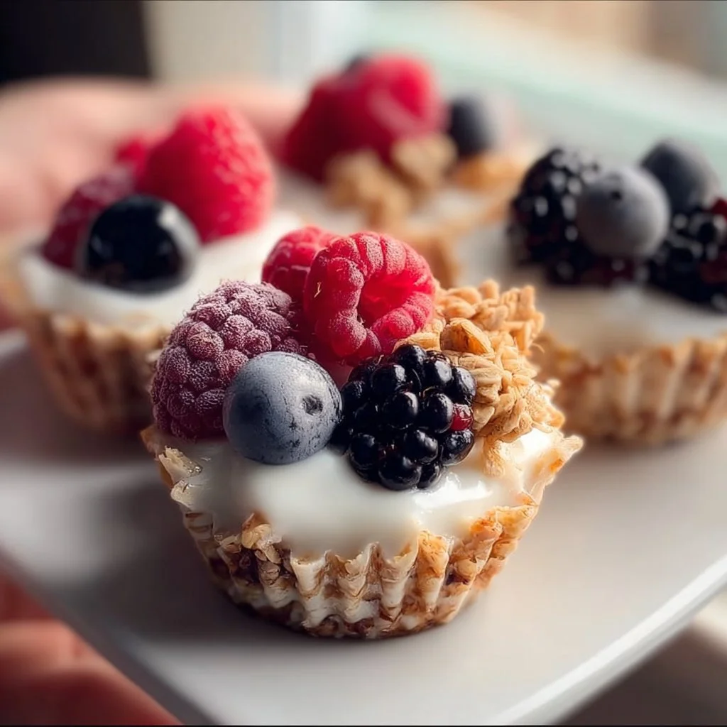 Frozen yogurt granola cups topped with fresh berries and served in bowls