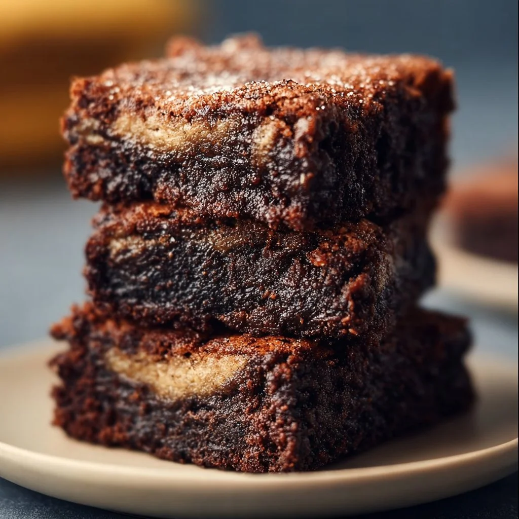Fudgy banana bread brownies topped with chocolate and nuts