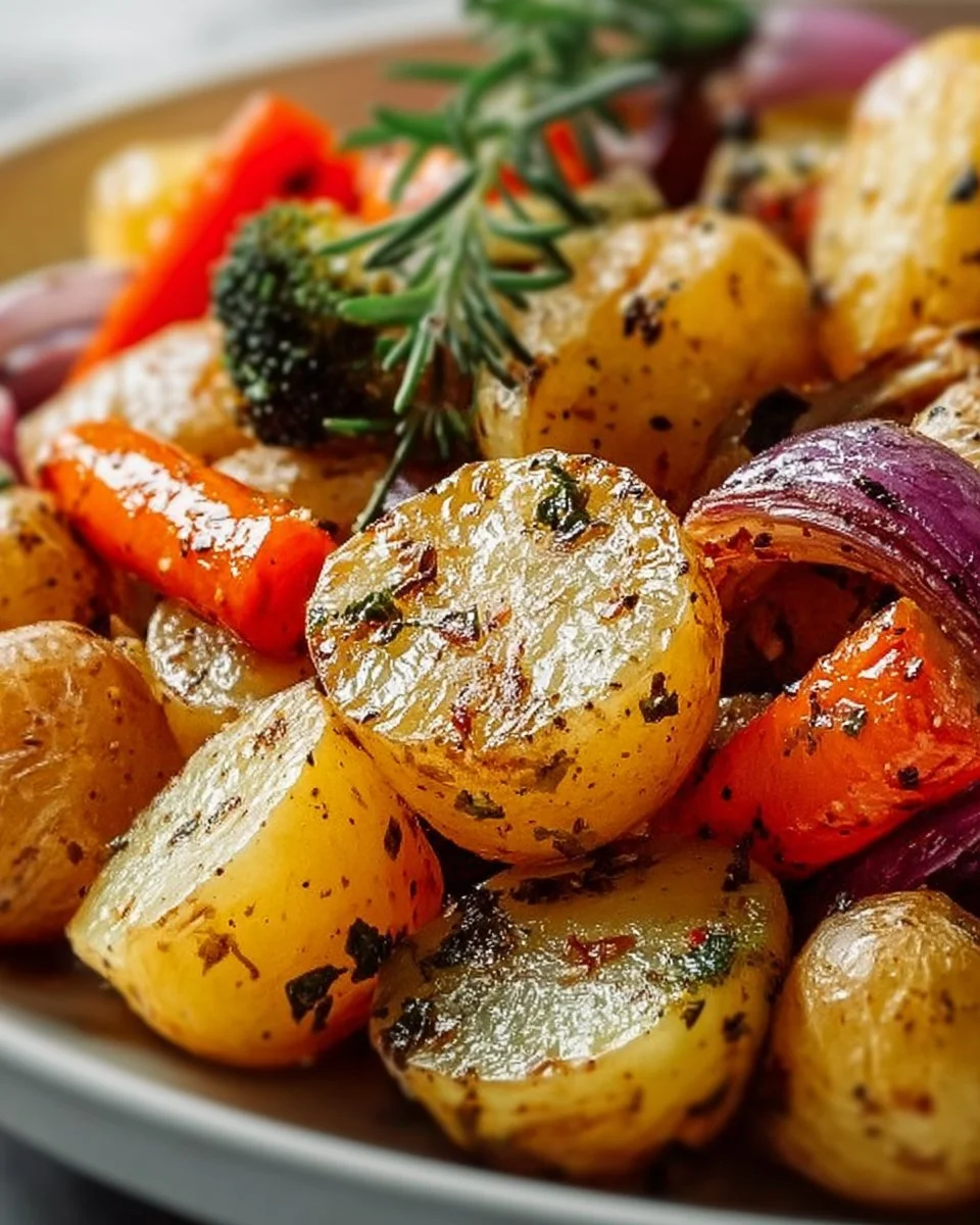 Garlic Herb Roasted Potatoes and Veggies served on a plate