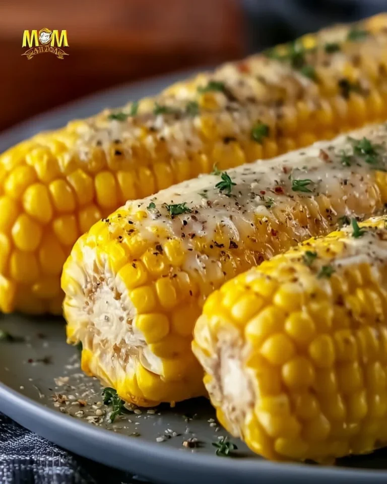 Garlic Parmesan Corn on the Cob served on a plate with herbs.