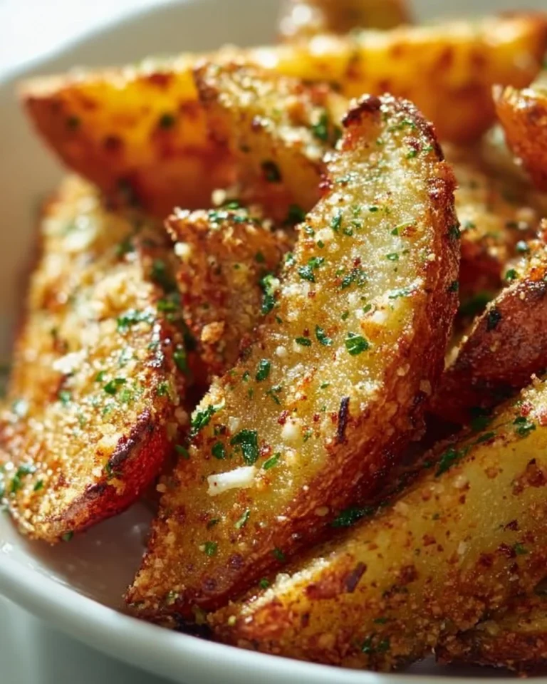 Delicious Garlic Parmesan Potato Wedges served on a plate