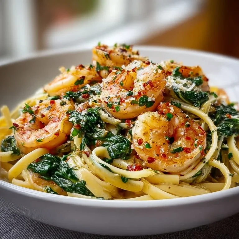 Plate of garlic shrimp and spinach linguine with fresh herbs and spices