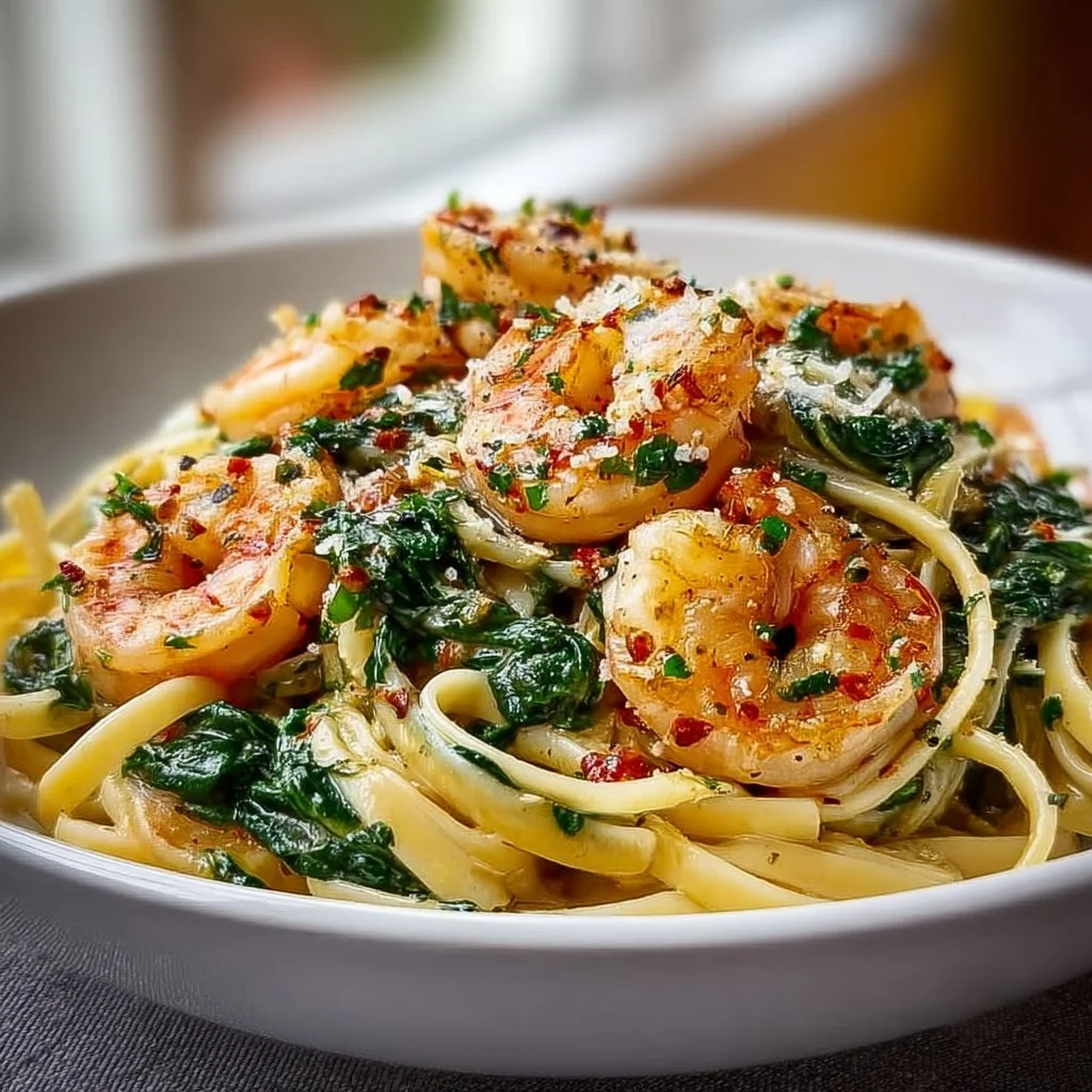 Plate of garlic shrimp and spinach linguine with fresh herbs and spices